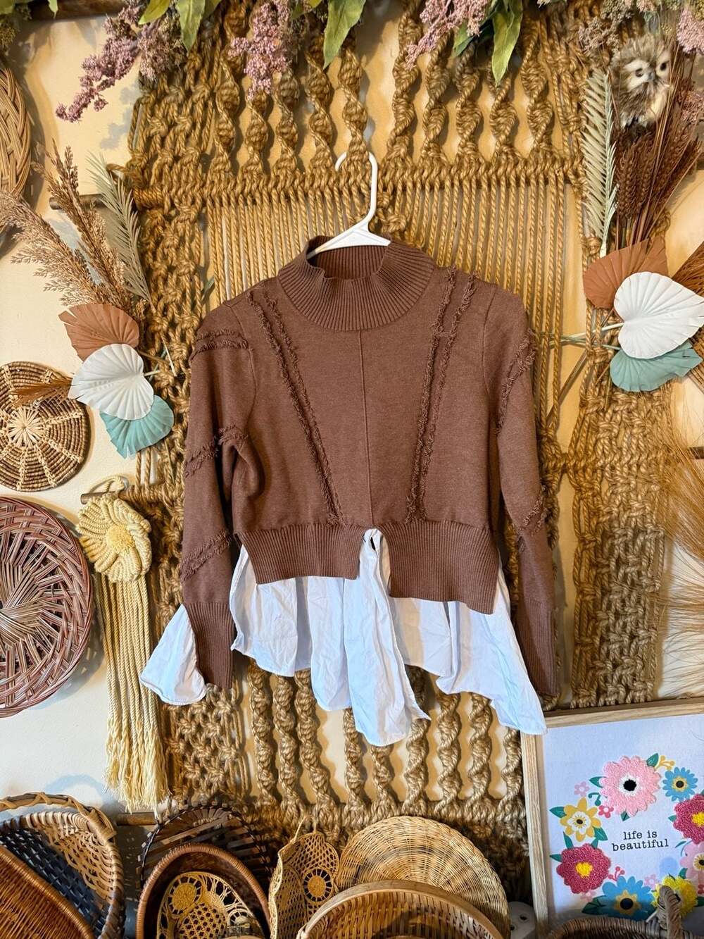 Avantlook Brown Mock Neck Frayed Edge Sweater with White Shirttail Hem